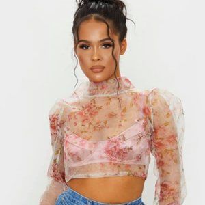 White Tie Back Floral Print Organza Crop Top